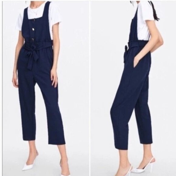 Zara Gold Button Belted Jumpsuit Navy Blue Size Medium - Picture 2 of 9